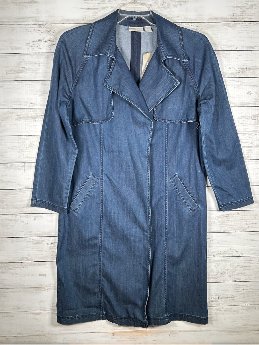 Chico’s Lightweight Indigo Blue Open Front Trench Coat Duster Jacket 1 M NWT - Picture 2 of 7